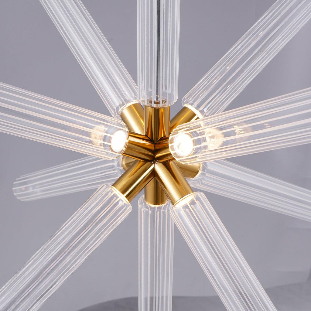 Close view of the gold centre where eight ribbed rods radiate on this Clérachic pendant.