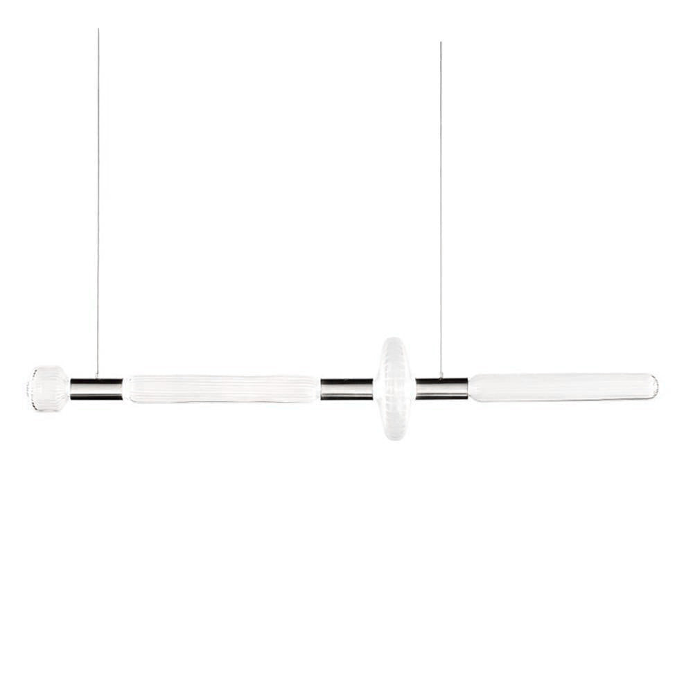 Twin cords suspend this Clérachic pendant's fluted rod and central disc joint.