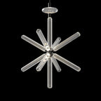 Chrome rods burst from a polished centre on this lit Clérachic pendant against black.