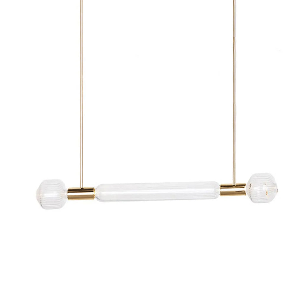 Twin gold rods suspend this Clérachic pendant's bar of round glass finials.