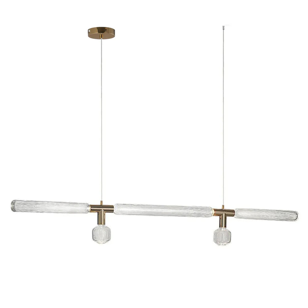 A round brass ceiling plate suspends this Clérachic pendant's fluted bar and gold joints.
