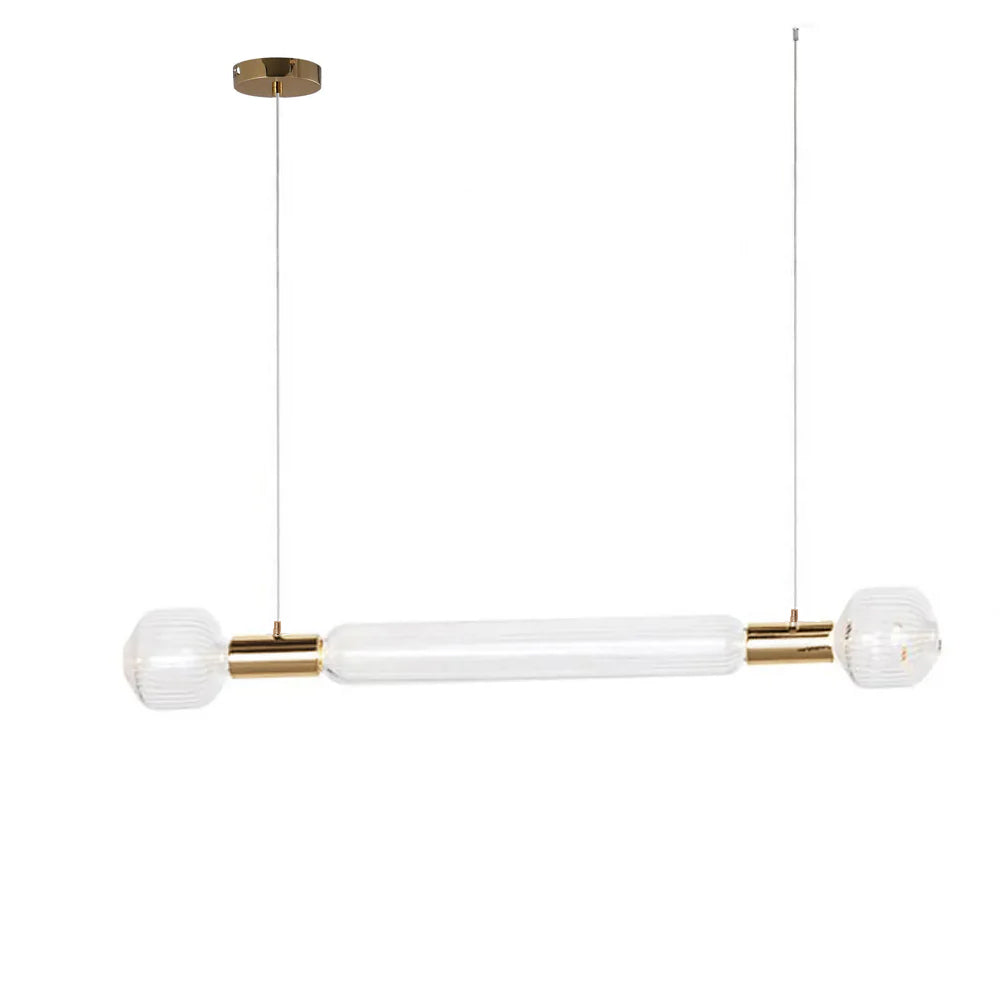Round glass finials cap this Clérachic pendant's bar, hung from a brass ceiling plate.