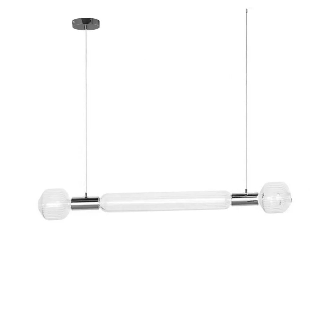 Round glass finials cap this Clérachic pendant's bar, hung from a nickel ceiling plate.