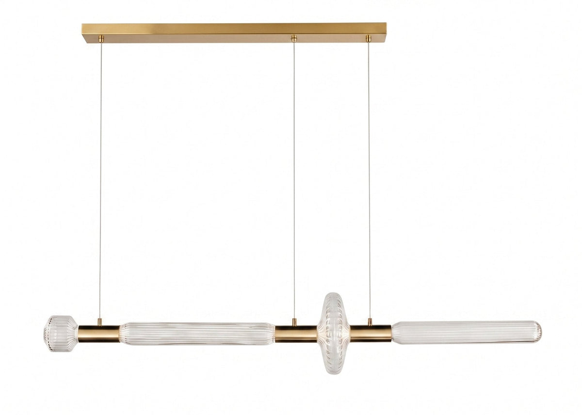 A brass ceiling bar suspends this Clérachic pendant's fluted rod and round disc joint.