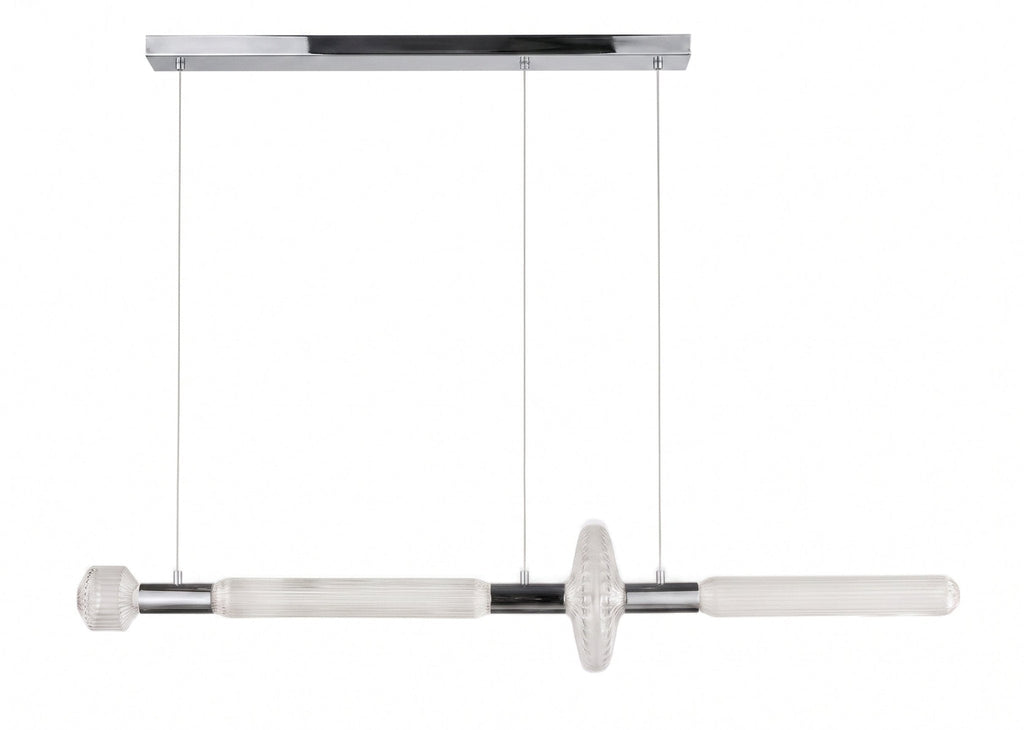 A chrome ceiling bar suspends this Clérachic pendant's fluted rod and round disc joint.