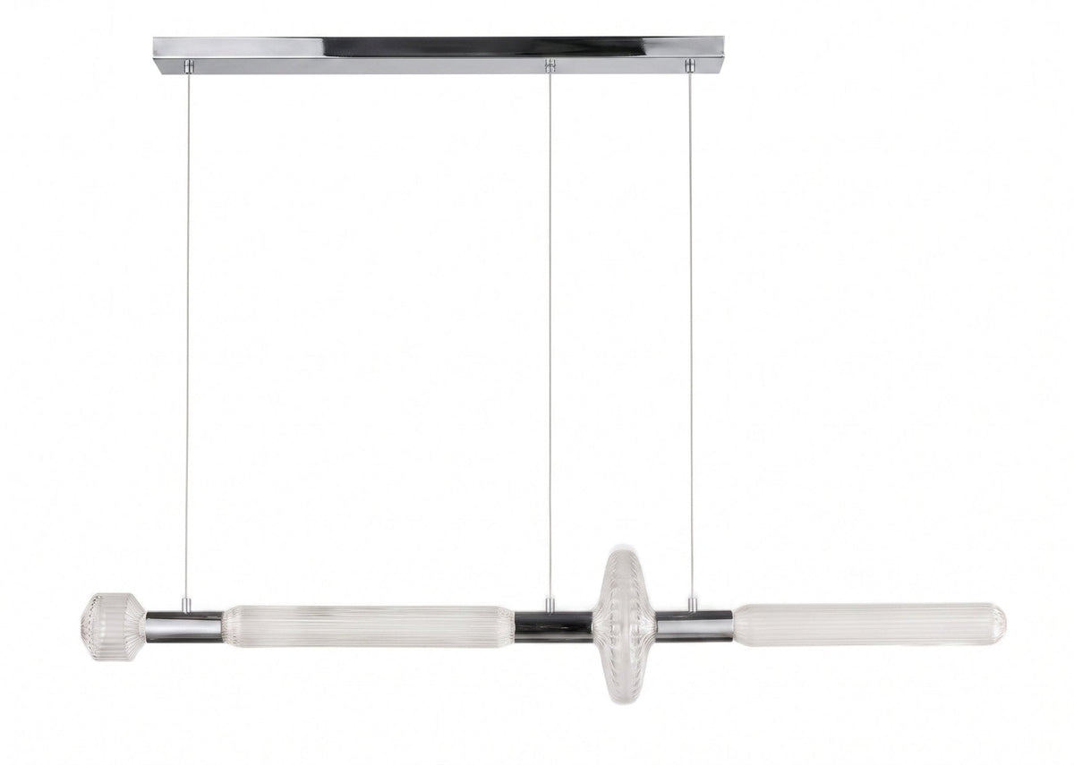 A chrome ceiling bar suspends this Clérachic pendant's fluted rod and round disc joint.