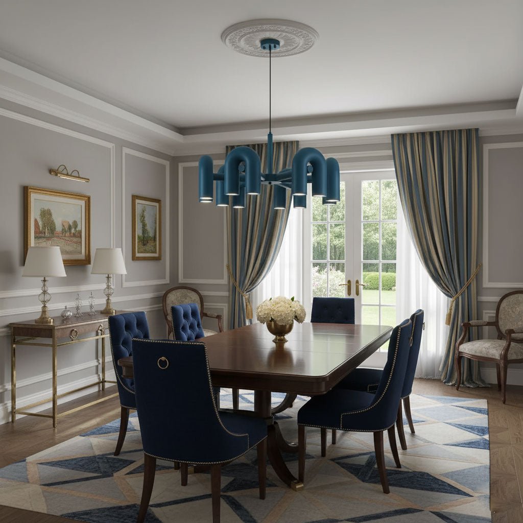 Cirkus chandelier with angled U-heads catching warm light