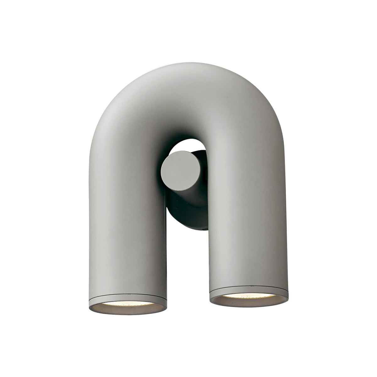 This grey Clérachic wall light stands unlit on a white backdrop, showing its U-shaped tube from the front.