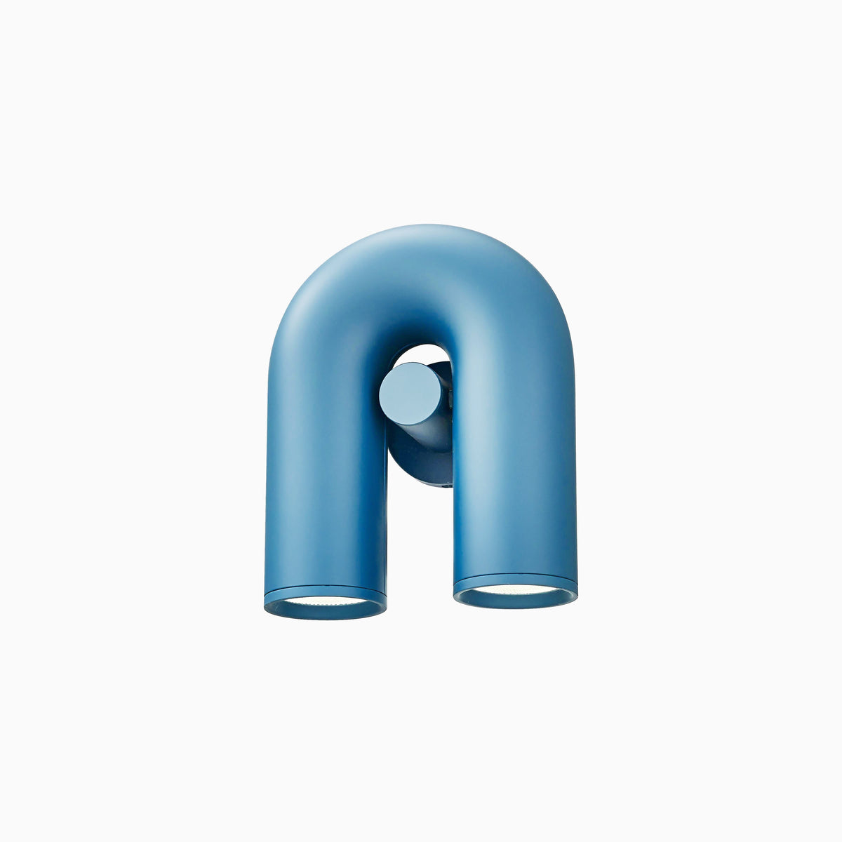 Small centred view of this blue Clérachic wall light, unlit, on a plain backdrop.