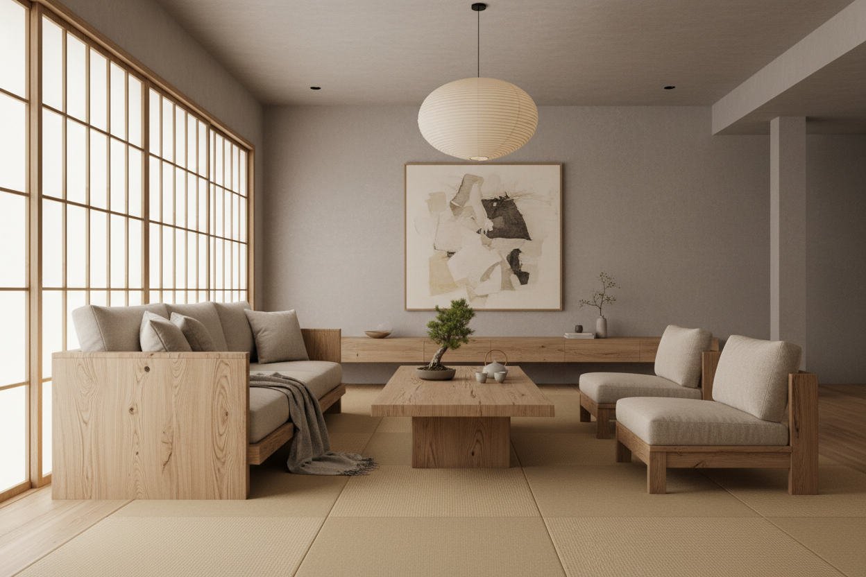 Modern living room with wooden furniture and large windows.