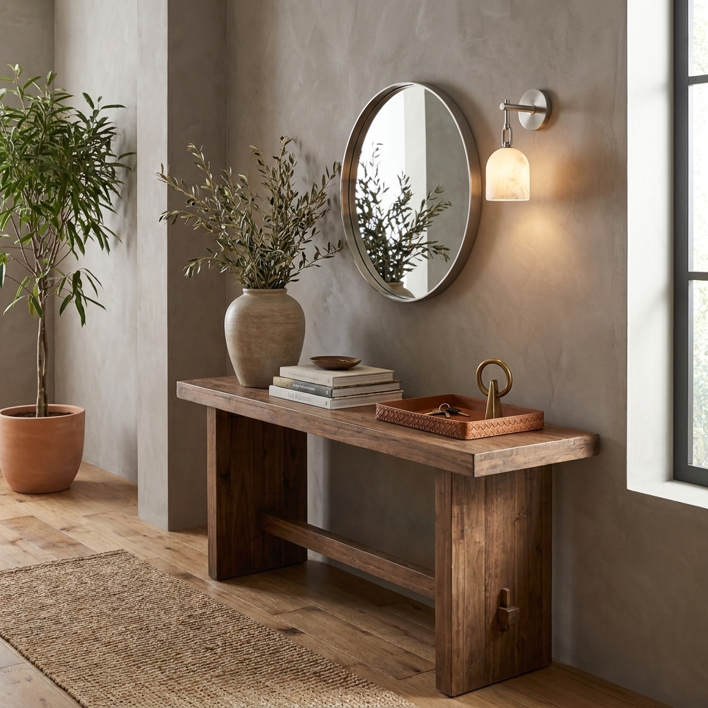 In an entryway, a brass Clérachic sconce lights the wall beside a round mirror and a reclaimed-wood bench.