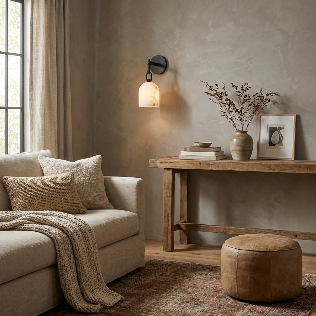 A black-hardware Clérachic wall light glows above a console table set with dried branches and a stoneware vase.