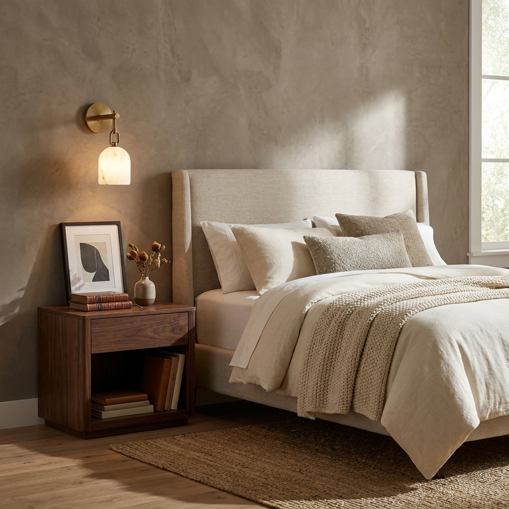 This brass Clérachic sconce lights a bedside wall above a walnut nightstand dressed with a framed print and dried flowers.