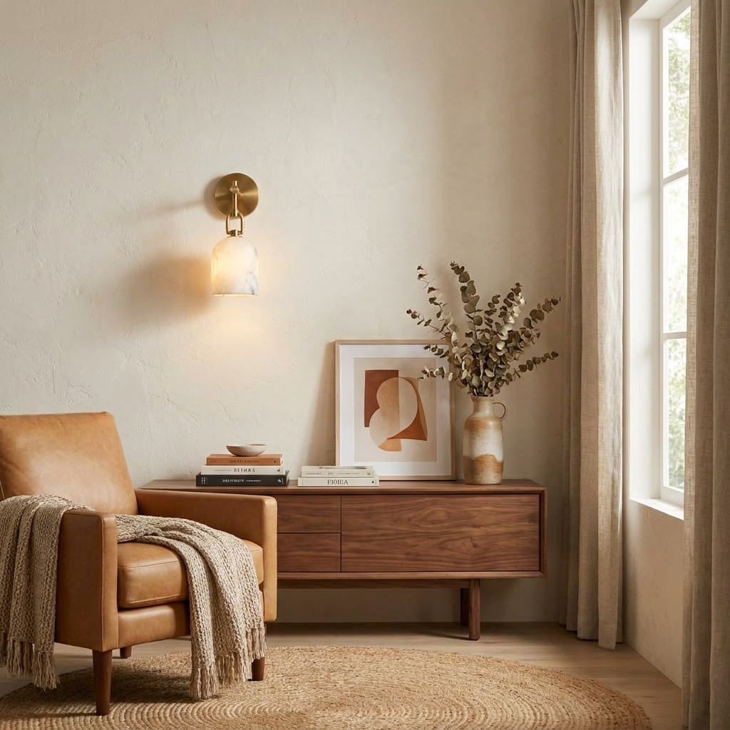 This brushed-brass Clérachic sconce glows above a walnut sideboard beside a leather armchair and eucalyptus stems.