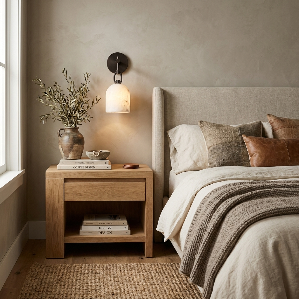 Mounted in matte black, this Clérachic sconce hangs above a wood nightstand with olive stems beside a linen headboard.