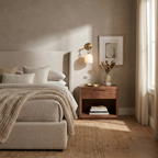 Morning light falls across the bedroom as this brass Clérachic sconce glows above a woven jute rug and walnut nightstand.