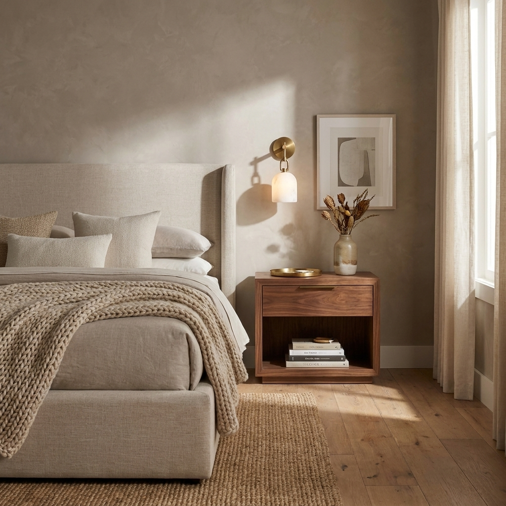 Morning light falls across the bedroom as this brass Clérachic sconce glows above a woven jute rug and walnut nightstand.
