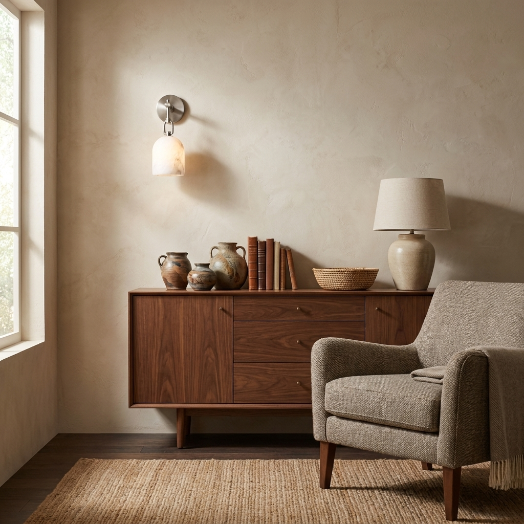 Beside a grey armchair, this brass Clérachic sconce lights a walnut sideboard dressed with pottery, books, and a table lamp.