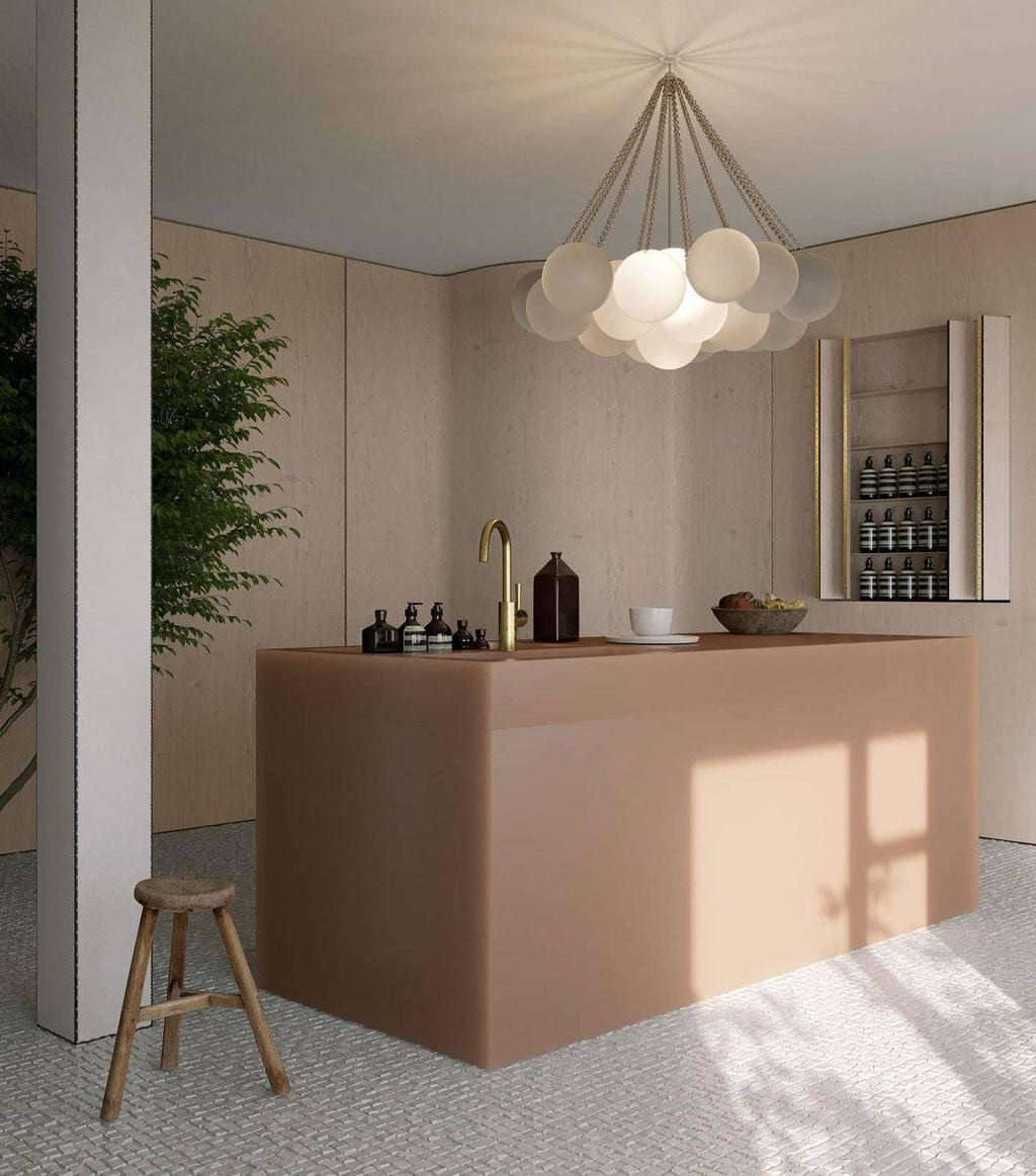 Boblekrone, håndmatte glasglobuser, guld eller sort, E27