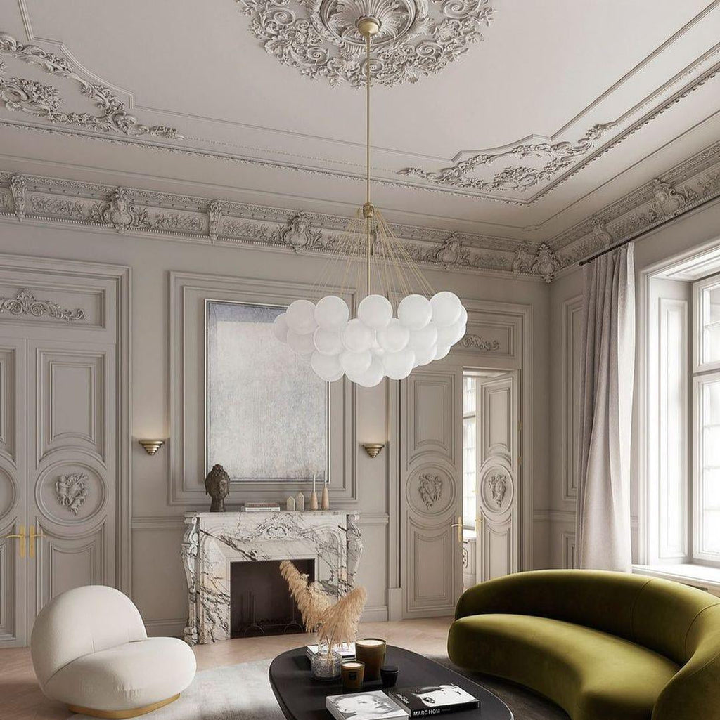 Frosted Glass Globe Bubble Chandelier, Gold, Black or Chrome, 19 to 73 Heads