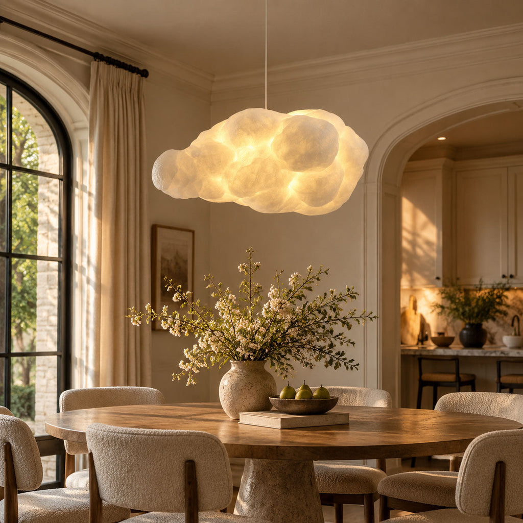 Arched windows frame this lit Clérachic cloud pendant above a flower-topped dining table.