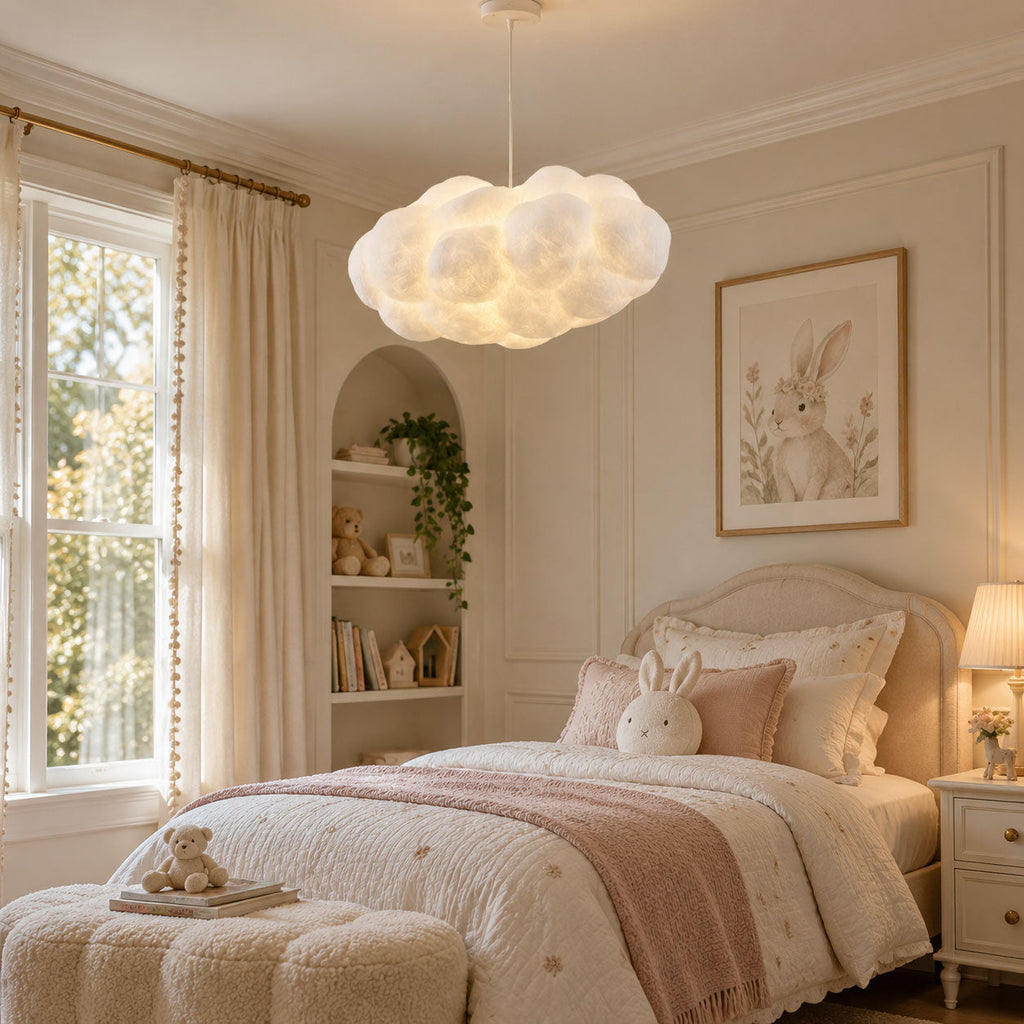 This Clérachic cloud pendant lights a girl's bedroom with pink bedding and a rabbit print.