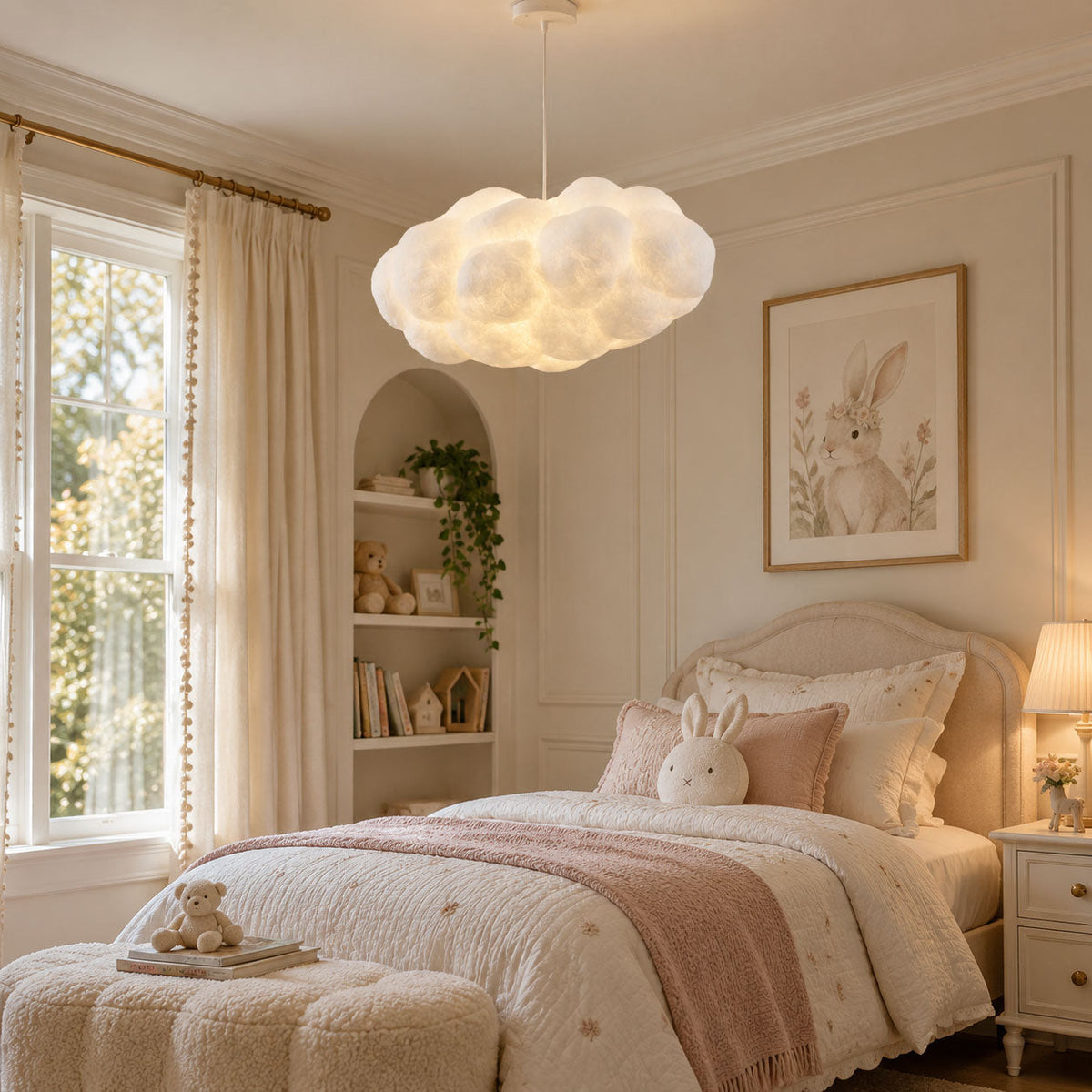 This Clérachic cloud pendant lights a girl's bedroom with pink bedding and a rabbit print.
