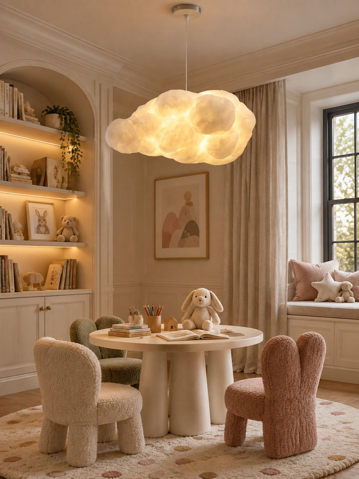Bookshelves and a plush bunny frame this lit Clérachic cloud pendant in a child's playroom.