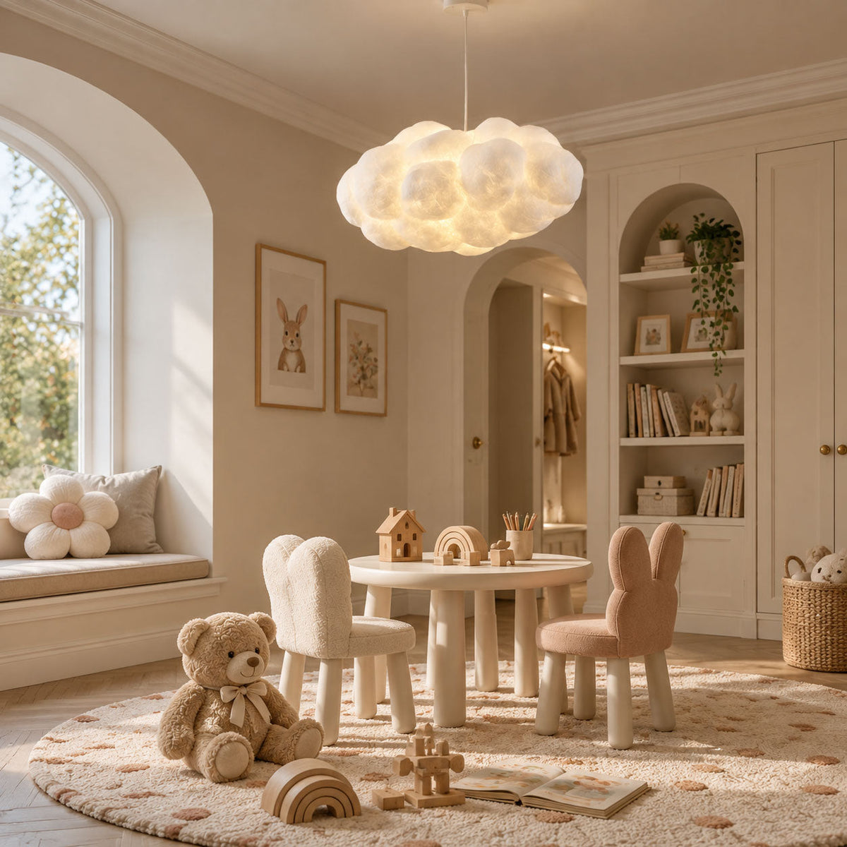A teddy bear and small table sit beneath this lit Clérachic cloud-shaped pendant in a playroom.