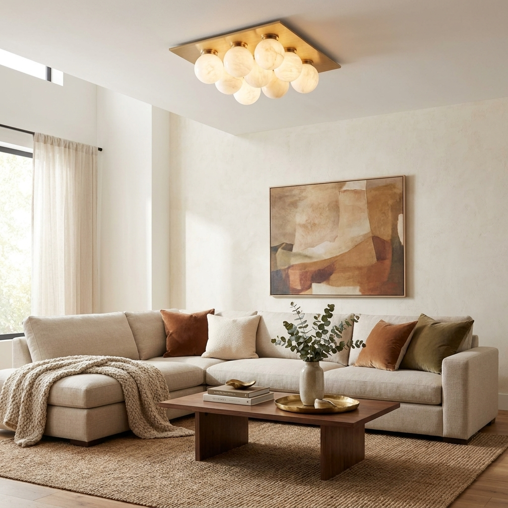 Above a cream sectional sofa with a wood coffee table, this Clérachic ceiling light clusters warm in brushed brass.