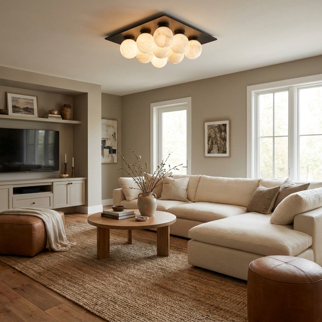 Above a cream sectional facing an open TV console, this Clérachic ceiling light glows in matte black.