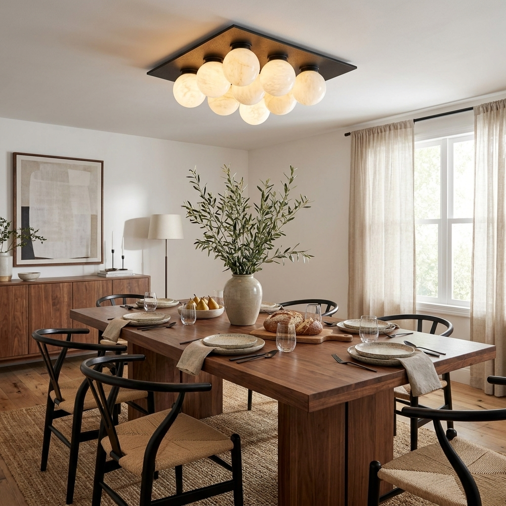 Over a wood dining table with wishbone chairs, this Clérachic ceiling light clusters its globes in matte black.