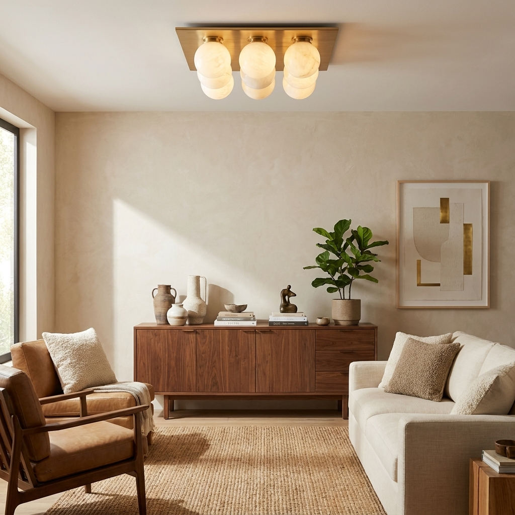 Above a walnut sideboard and leather armchair, this Clérachic ceiling light's globes cluster warm in brushed brass.