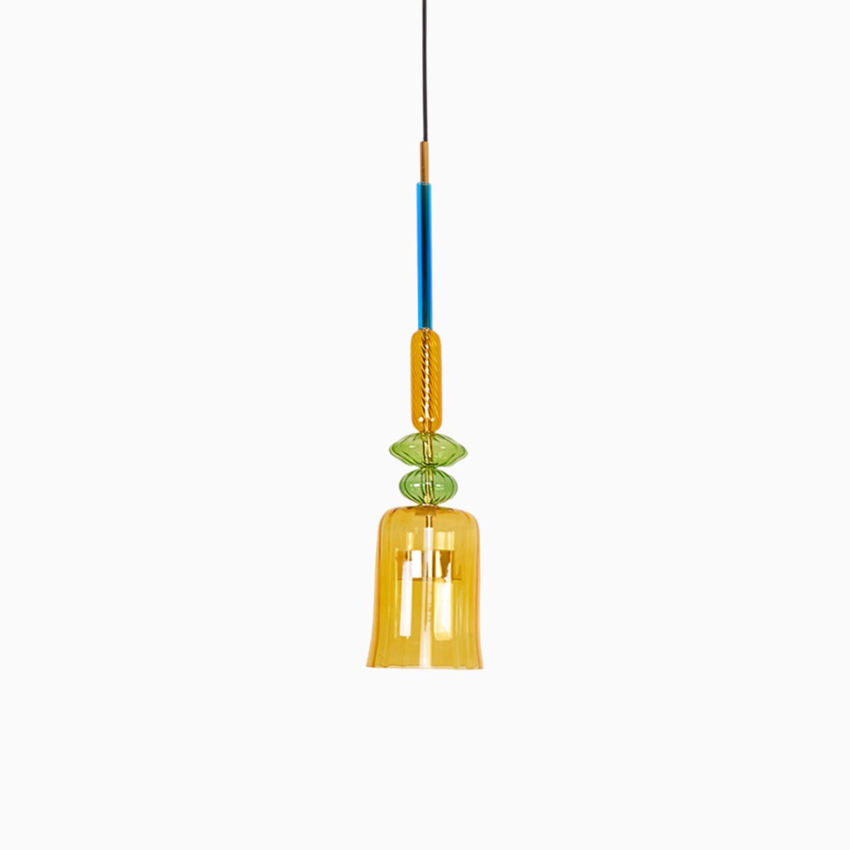 A single amber fluted glass bell shade hangs below a green bead on this Clérachic pendant, shown on white.