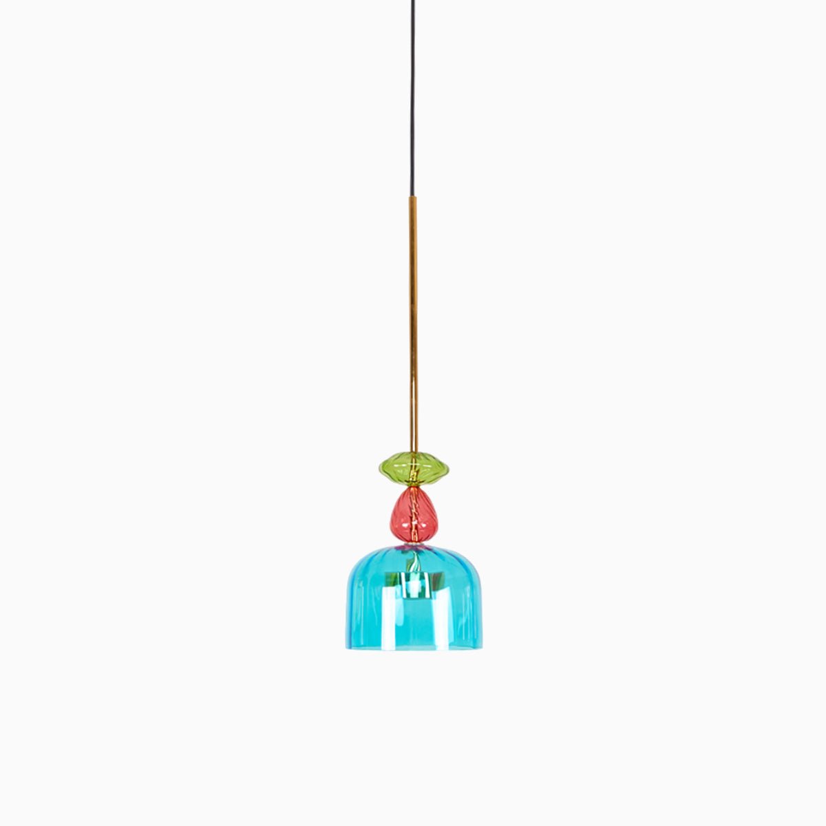 A single turquoise ribbed bell shade hangs below a coral bead on this Clérachic pendant, isolated on white.