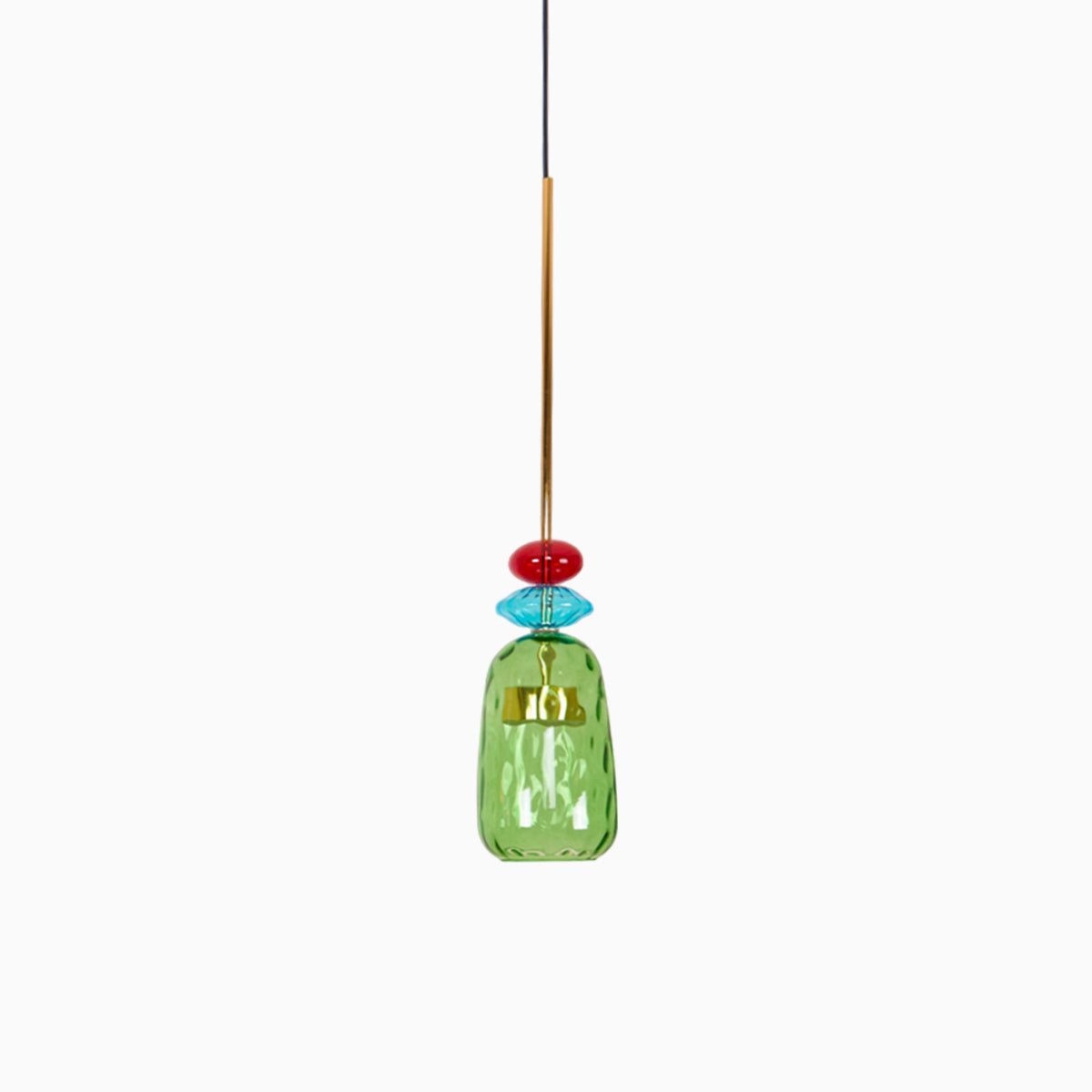 A single green ribbed bottle shade hangs below a red glass bead on this Clérachic pendant, isolated on white.