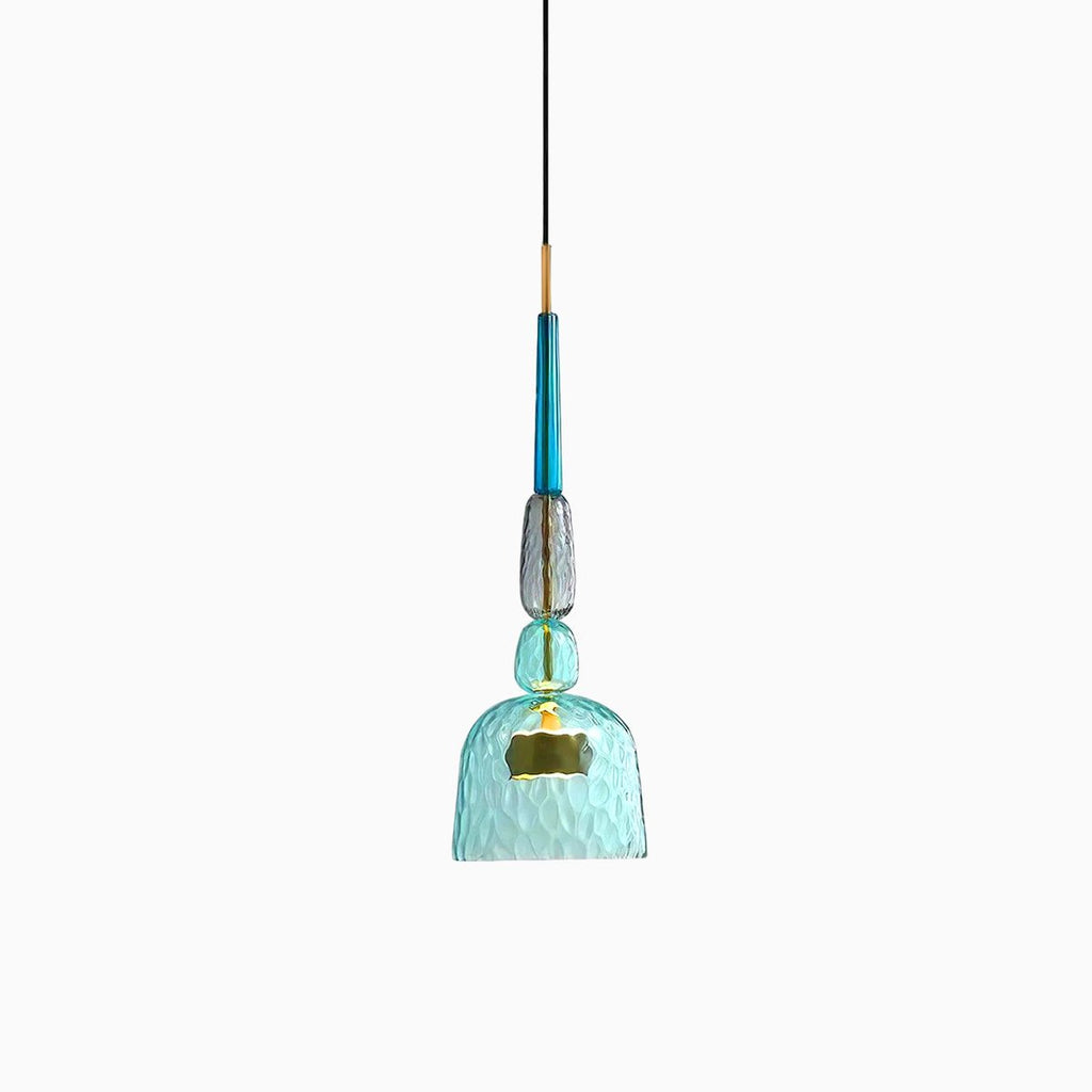 A single pale-teal ribbed bell shade hangs from a blue stem and grey bead on this Clérachic pendant.