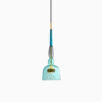A single pale-teal ribbed bell shade hangs from a blue stem and grey bead on this Clérachic pendant.