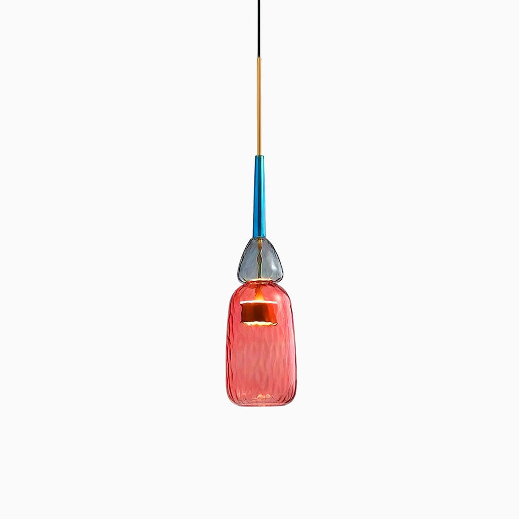A single smooth coral glass cylinder shade hangs from a blue stem on this Clérachic pendant, shown on white.