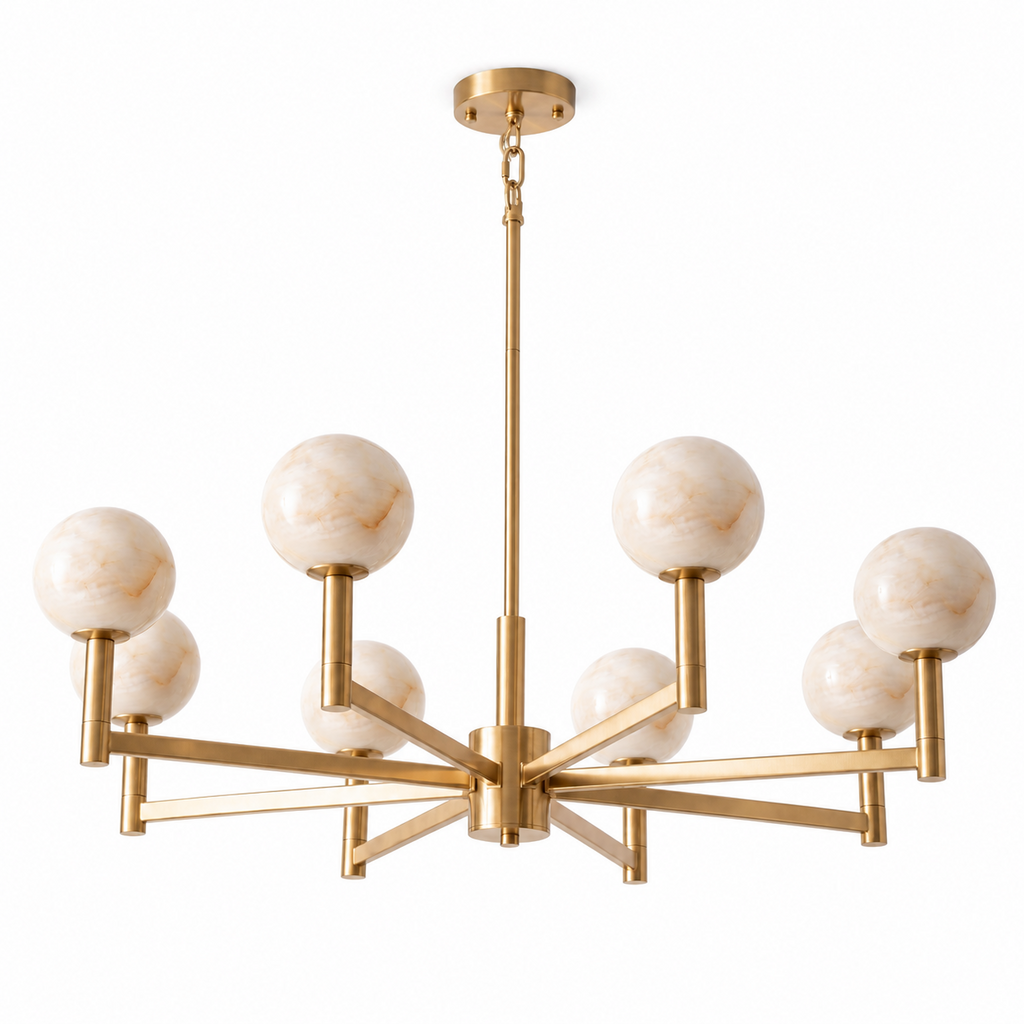 Photographed on white, the brass finish of this Clérachic chandelier fans eight arms outward from a central stem.