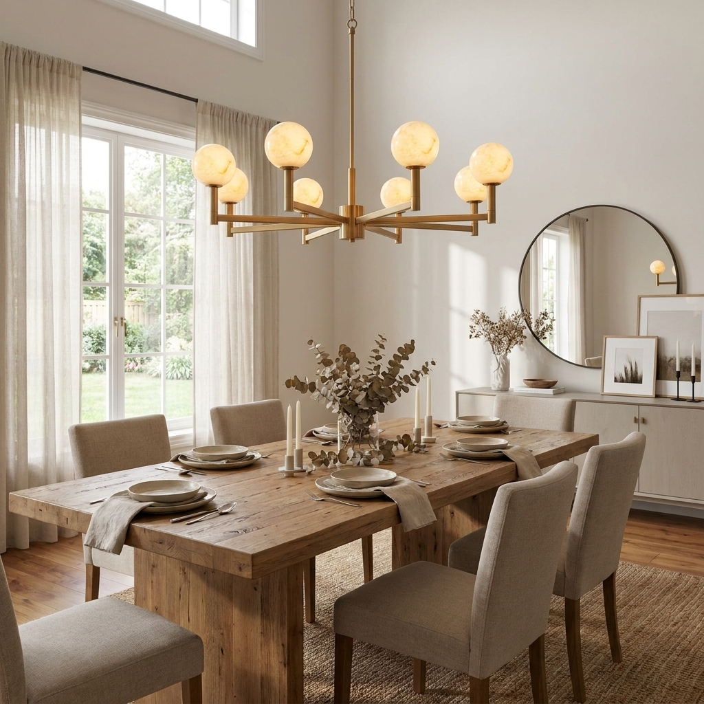 Beneath a round mirror in a sunlit dining room, this Clérachic chandelier's brass finish glows above the table.