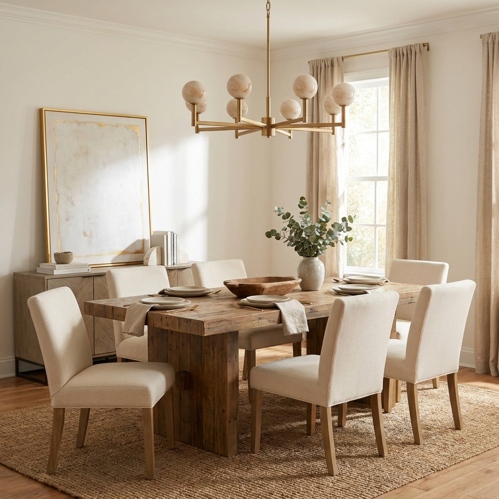 Beneath gold-framed artwork, the brass-finish chandelier from Clérachic lights a table set for a meal.