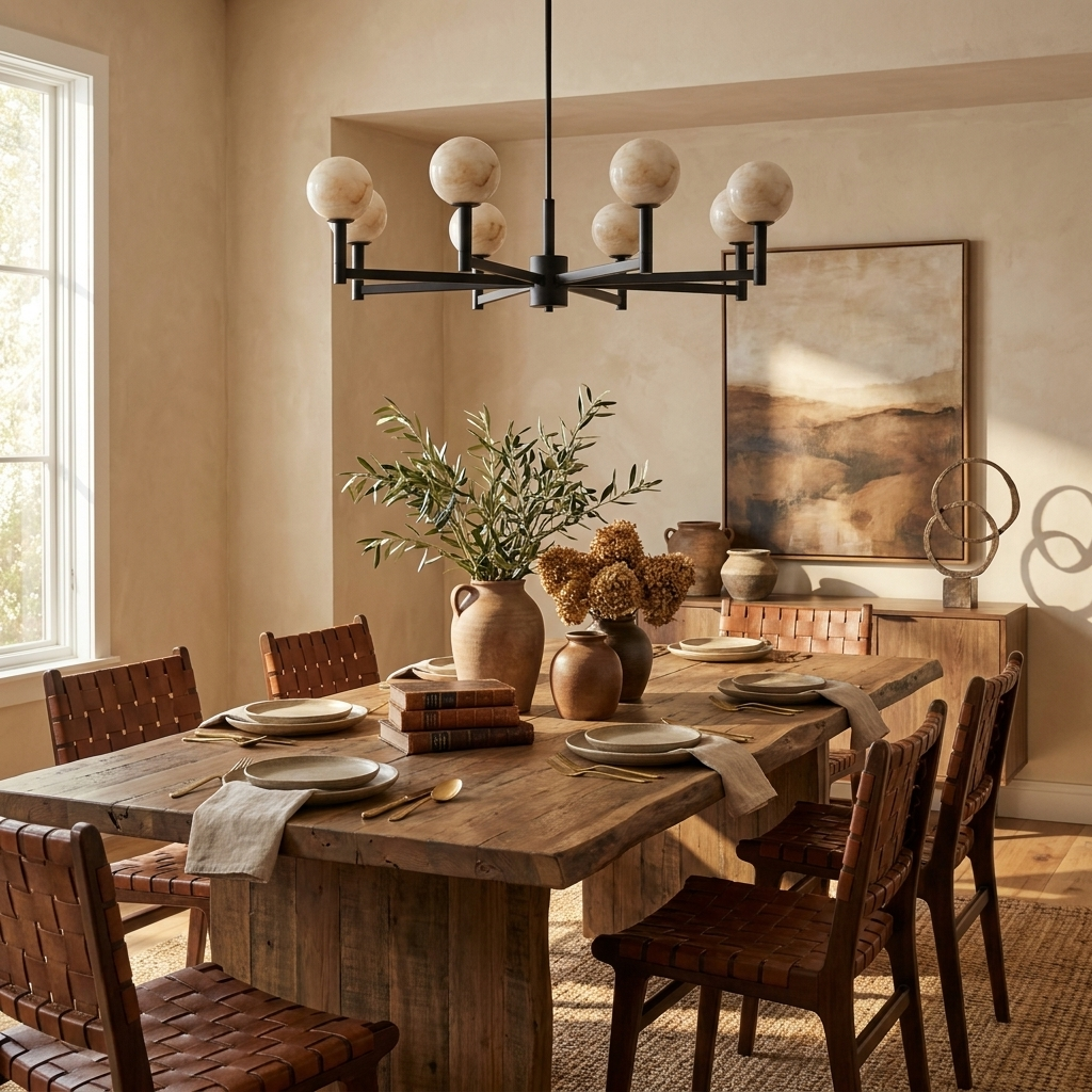 Against textured stucco walls, this Clérachic chandelier's black finish hangs over a rustic wood dining table.