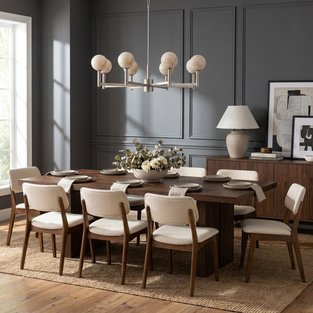 In a dining room with grey wood-panelled walls, the nickel finish of this Clérachic chandelier lights a dark wood table.