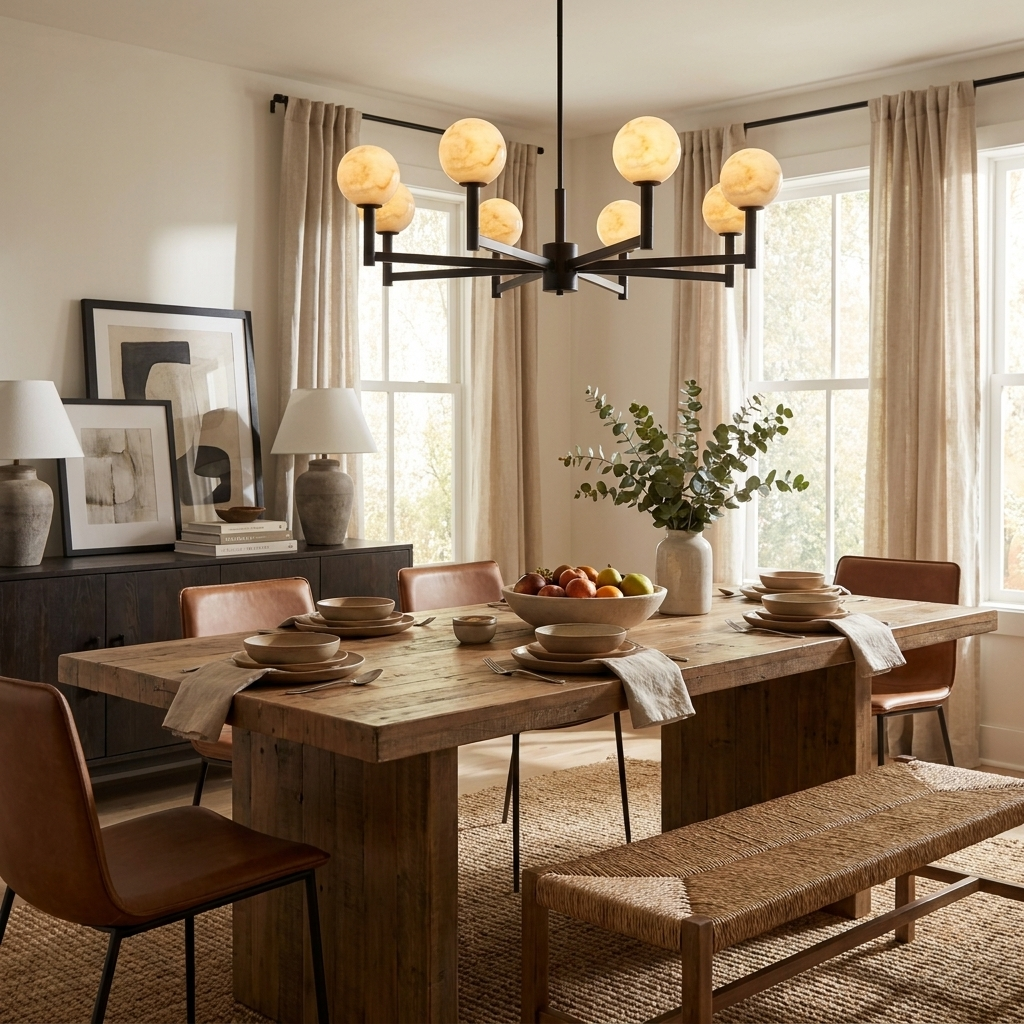 Between tall black-framed windows, this Clérachic chandelier's matte black arms hang above a table with a wooden bench.