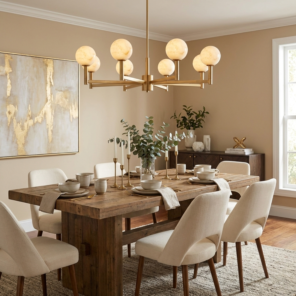 Under a gold-toned abstract painting and beside a wood sideboard, the brass-finish chandelier from Clérachic lights a dining table.