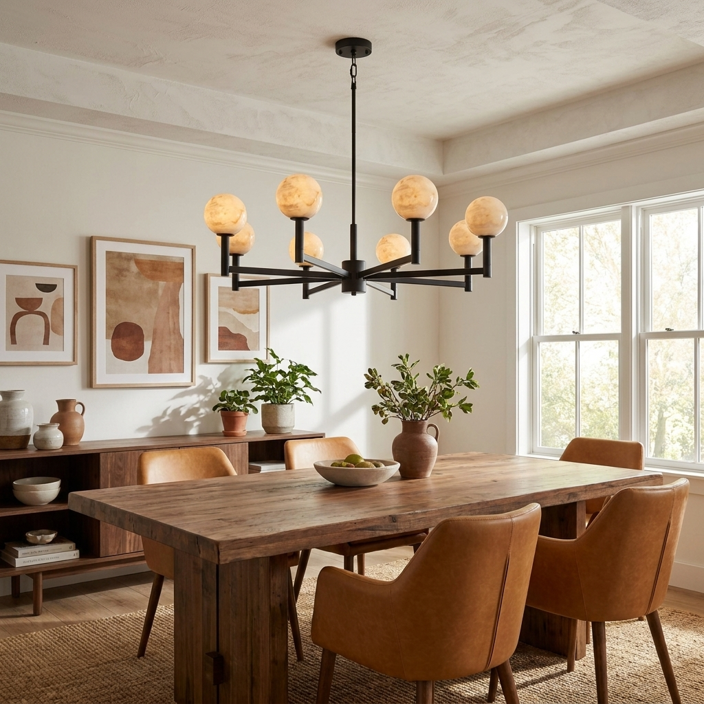 Beneath a coffered ceiling, this Clérachic chandelier's black finish hangs above a table with tan leather chairs.