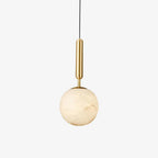 The pendant on white, brass cylinder stem above a pale veined alabaster globe.