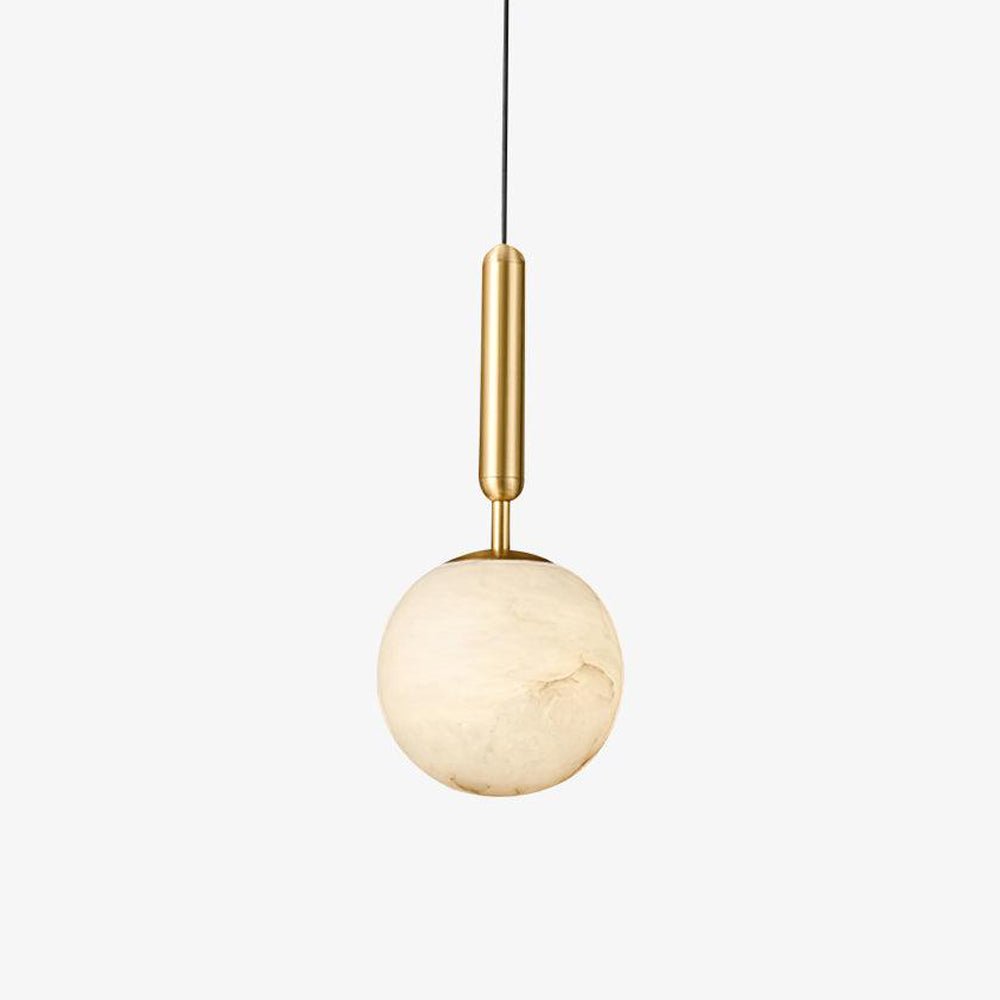 The pendant on white, brass cylinder stem above a pale veined alabaster globe.
