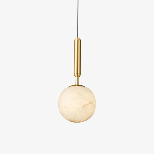 The pendant on white, brass cylinder stem above a pale veined alabaster globe.
